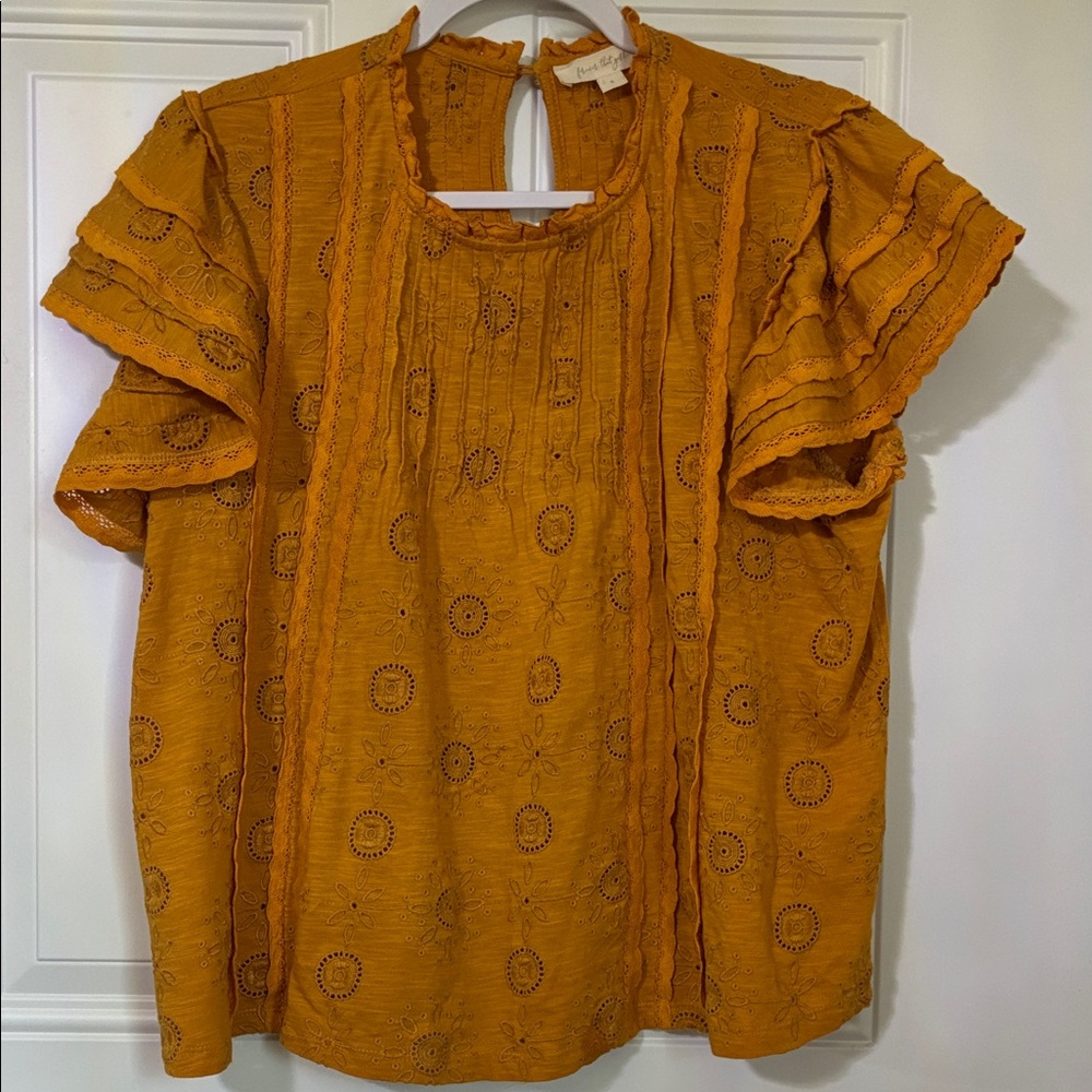 Eyelet Flutter Sleeve Blouse in Mustard - Lightweight Women's Top